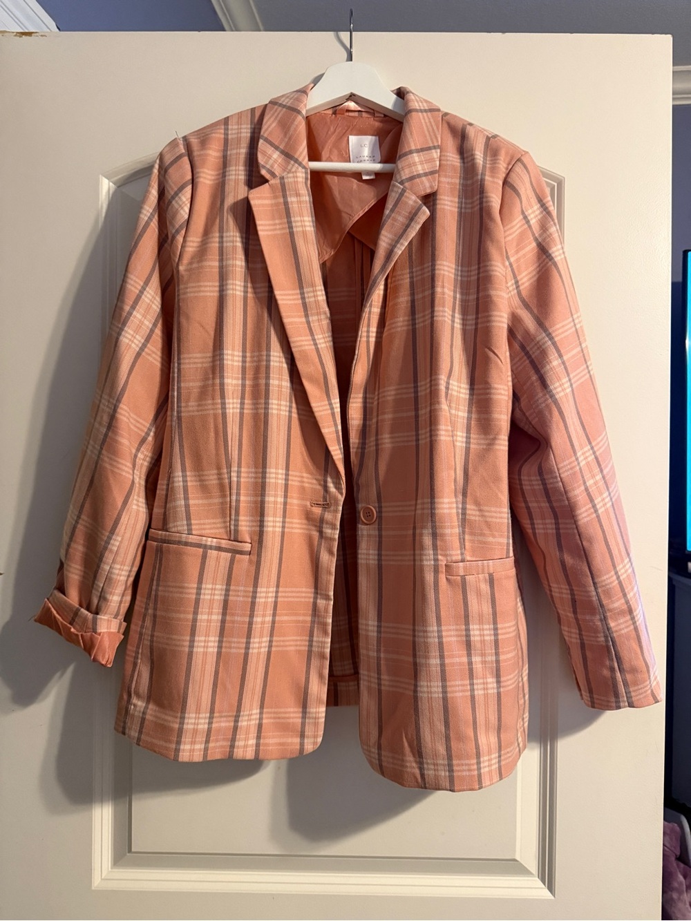 LC Lauren Conrad Peach Plaid Single-Button Blazer